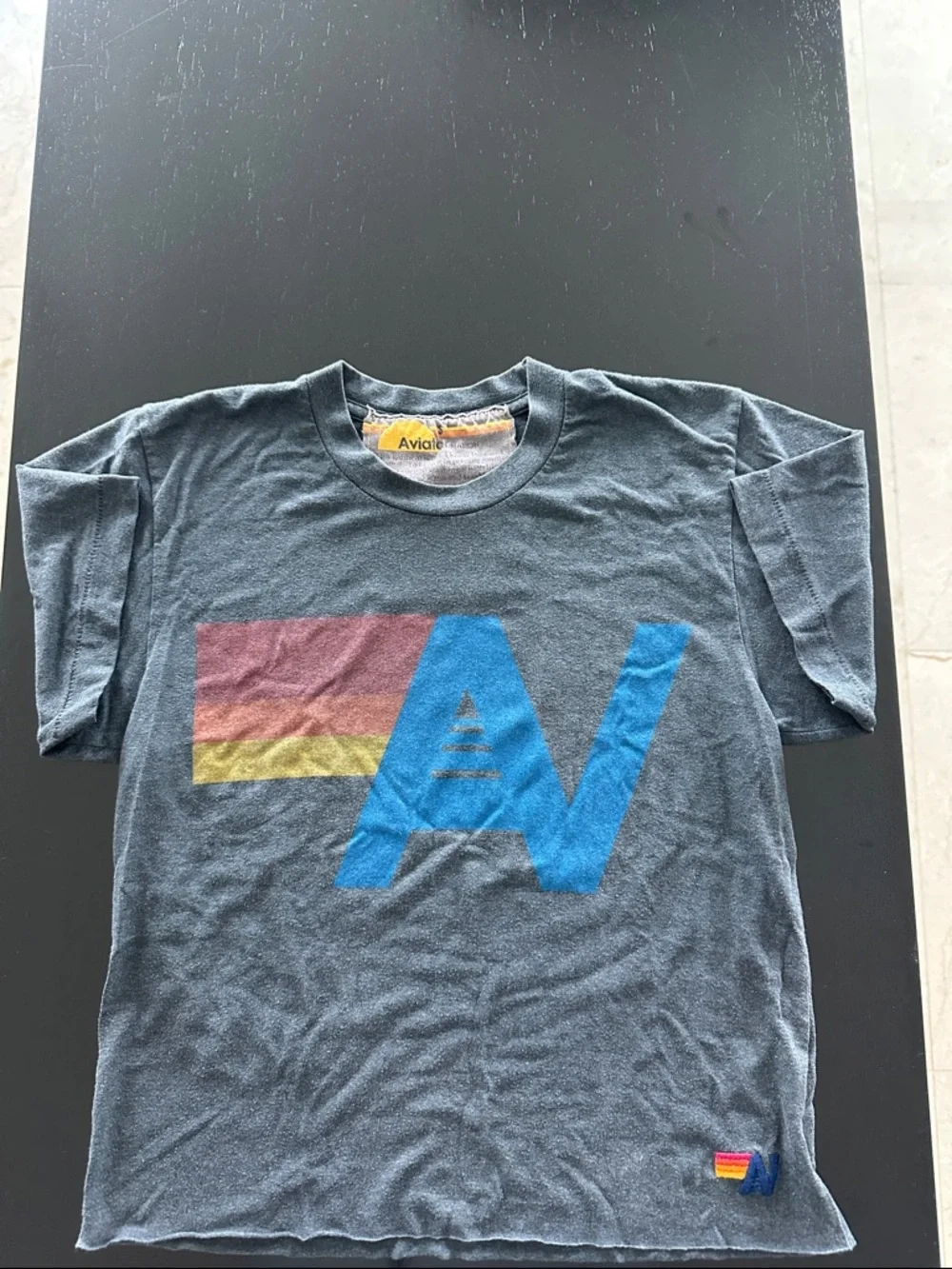 Aviator Nation Gray Vintage Wash T-Shirt with Blue Logo and Red/Yellow Stripe - Picture 1 of 4